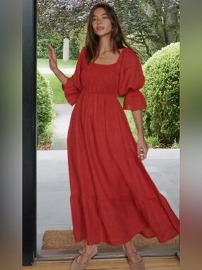 Red Puff-Sleeve linen Maxi Dress - Women